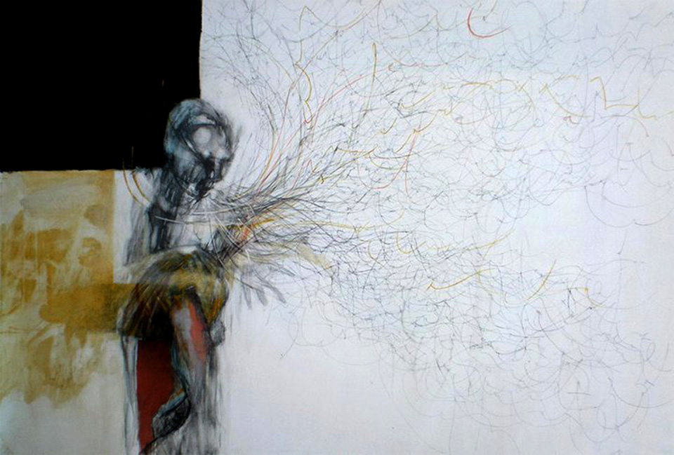 el sonido de las voces, óleo y grafito sobre tela, 100 x 150 cm