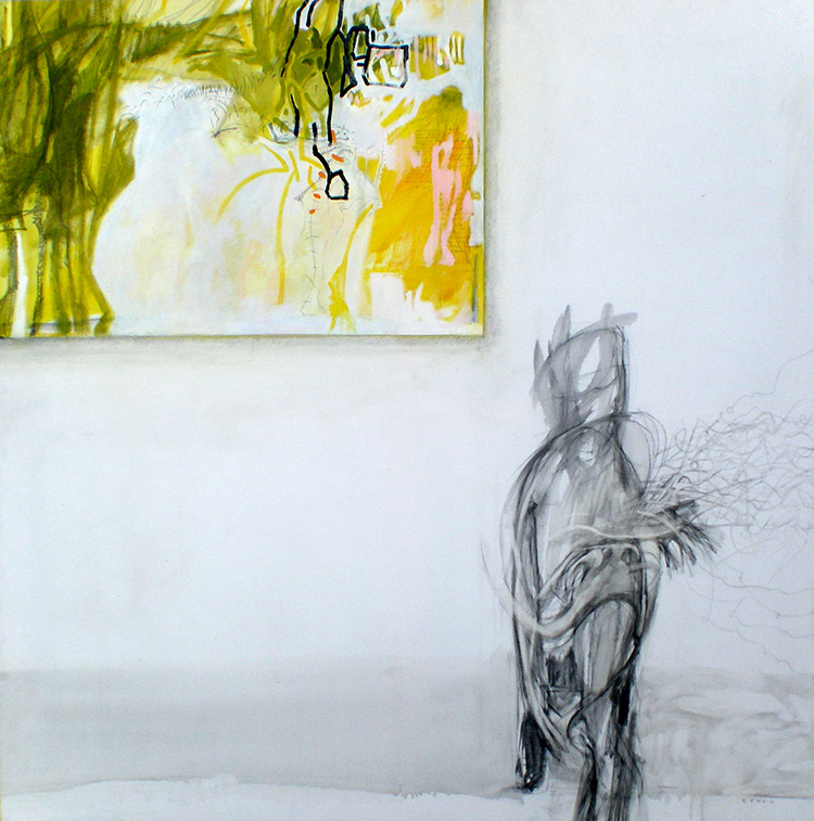 voces familiares palabras ajenas, óleo y grafito sobre tela, 100 x 100 cm